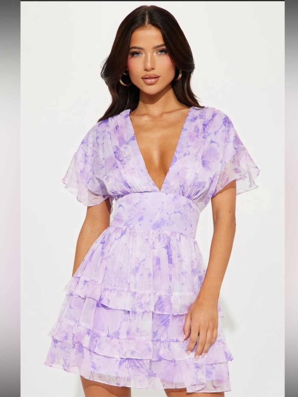 Coquette Romantic Sierra Chiffon Floral V-Neck Short Flutter Sleeve Mini Dress.